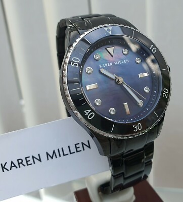 Neu Karen Millen Damenuhr Swarovski Kristalle, blaues Zifferblatt, UVP 220£ (KM64