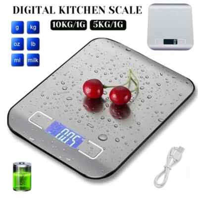 Digitale USB-Lade-Küchenwaage tragbares LCD-Display Edelstahlplatte UK