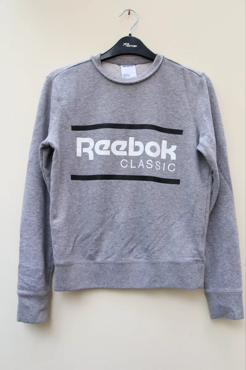 Reebok Xs grey jumper sweater sweatshirt with white logo writing reebok classic