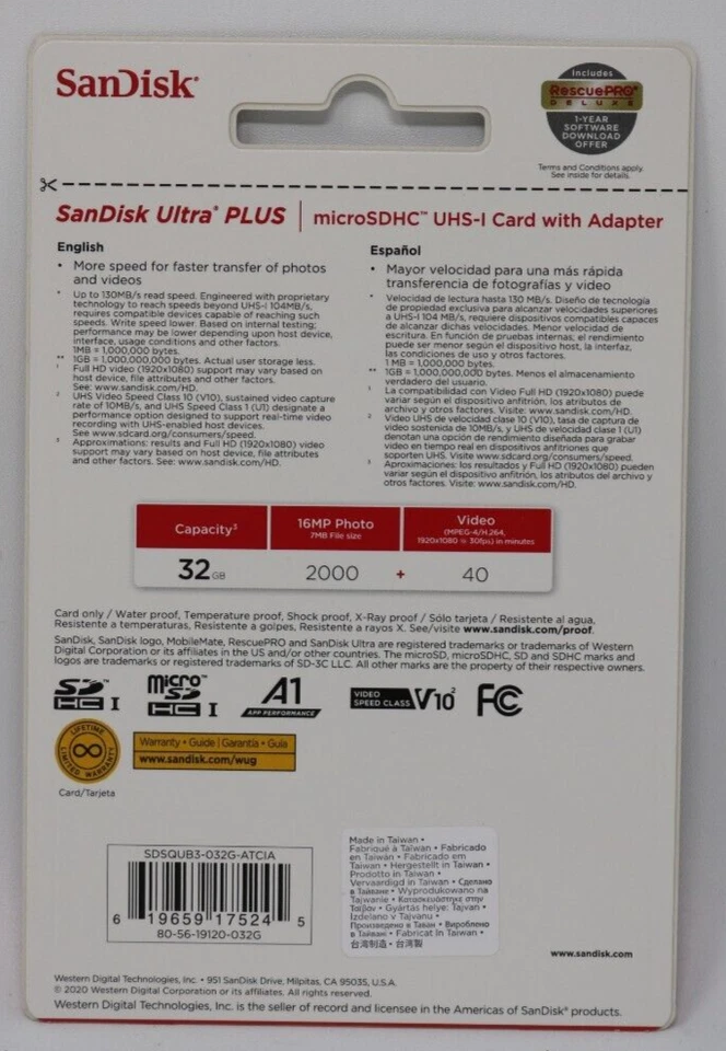 32GB Ultra Plus Micro SDHC UHS-I Card SD Adapter for transfer 130 MB/s SanDisk - Image 2 of 2