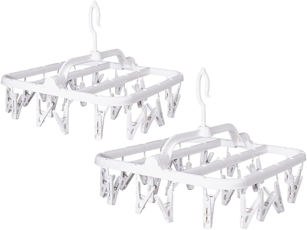Foldable Plastic Hangers with 26 Drying Clips, Underwear 2 PC, White - 2pc