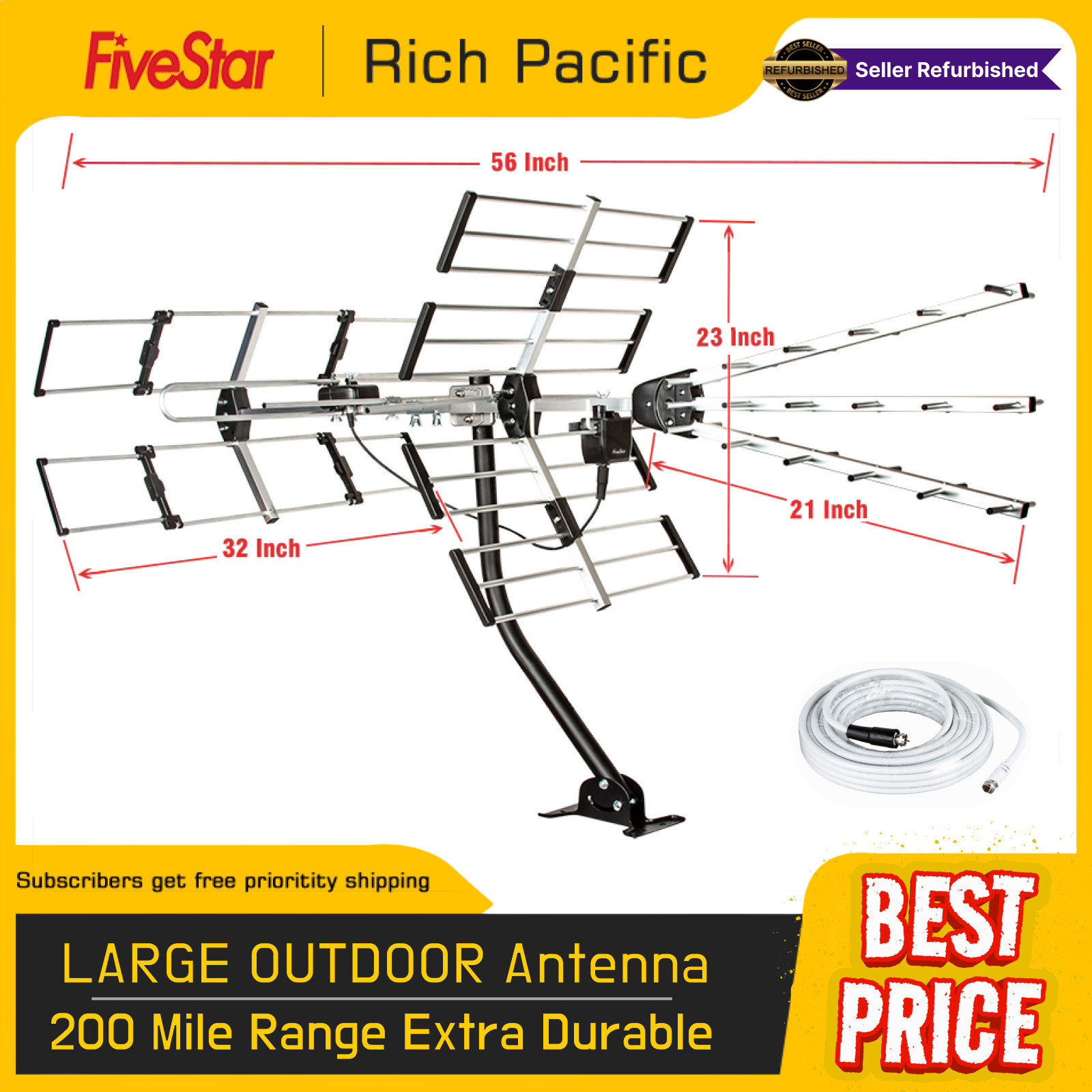Yagi Outdoor Antenna 24 Elements 2024 Long Range 4K ATSC 3 U