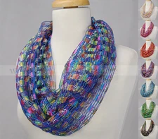 Crochet Spring Summer Infinity Scarf Loop Multi Color Silver Thread Knit Fishnet