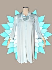VANITY FAIR Button Up Nightgown FLORAL Aqua Blue Nylon EMBROIDERED Women's 34
