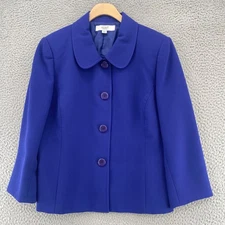 Le Suit Blazer Womens 12 Blue Peter Pan Collar Button Front Office Career Work