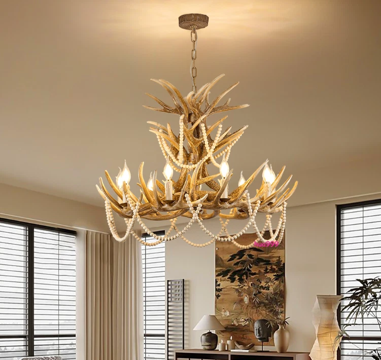 Lámpara de cuerno de ciervo retro americana sala de estar colgante luz asna cuentas araña Foto 2 de 4