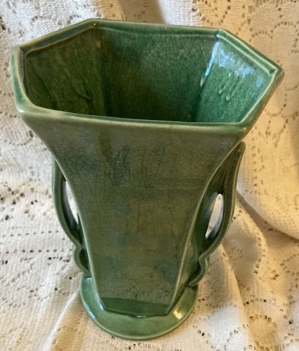 Vintage Tall Green Hexagonal McCoy Pottery Vase w/Handles