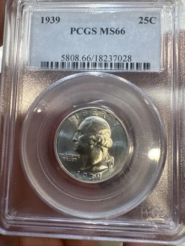 1939 25c Washington Quarter Coin PCGS Ms66 Old Blue Holder