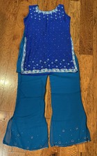 Royal Blue Teal Women Kurti Kurta Embroidered Tunic Top  Pant Set Medium