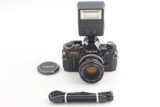  Near MINT w/Flash  Canon AE-1 Black SLR Film Camera FD 50mm f1.8 S.C. JAPAN