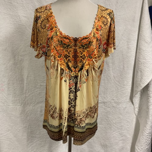 One World Blouse BohoTop Plus Size 1X Casual Style Orange Short Sleeve Geometric