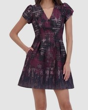 Vince Camuto Women's Purple Jacquard Puff-Sleeve Mini Dress Petite Size 4P