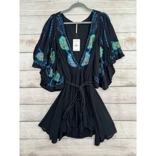 Free People Cora Embroidered Tie Waist Boho Mini Dress Women's S Black/Blue NEW