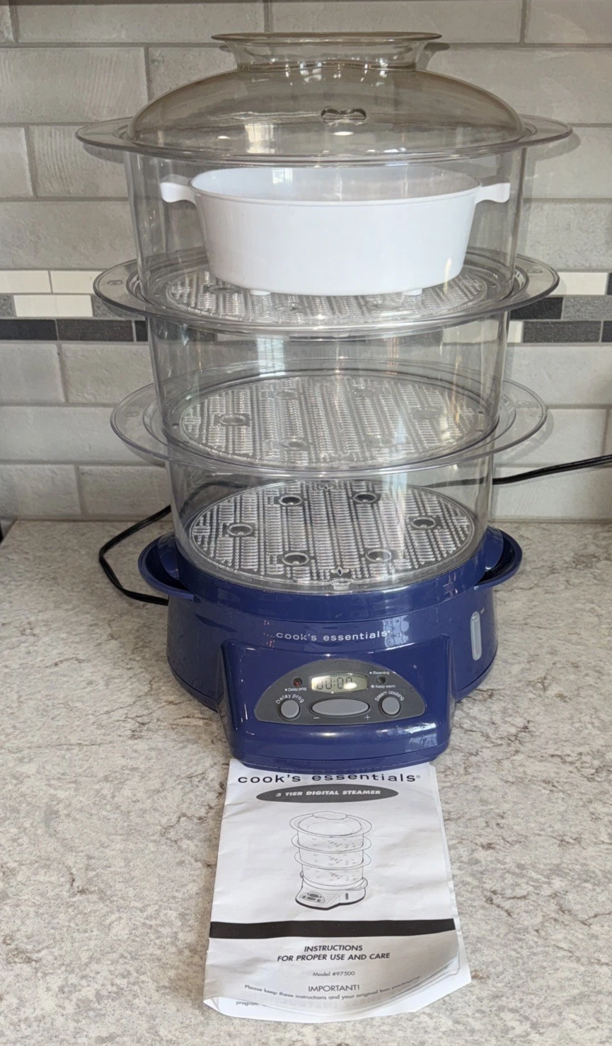 Cooks Essentials Blue 3 Tier Steamer Digital Egg Vegetable Cooker Model 97503