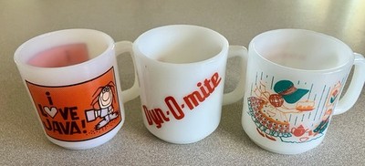 Lot Of 3 VTG    I love Java, Bonnet girl, Dyn-o-mite   Coffee Mugs by Glasbake 