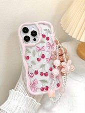 Pink Cherry Bow Phone Case with Beaded Charm iPhone 17 16 15 14 13 12 11 Pro Max