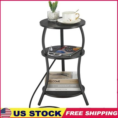 3-Tier Round Side Table W/ Charging Station Compact Design Living Room Office US