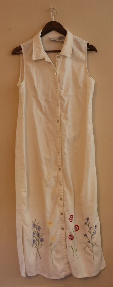 Maxi Vestido Studio Ease Mezcla de Lino Botón Frontal Blanco Floral Bordado Talla 16 Foto 3 de 4