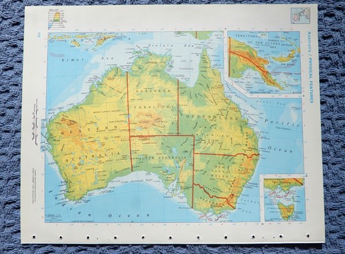 1966 AUSTRALIA Atlas Map, vintage World Book Atlas, color, physical, Tasmania