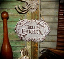 Primitive Antique Vtg Style Country Cottage Trellis Garden Verdigris Tin Sign