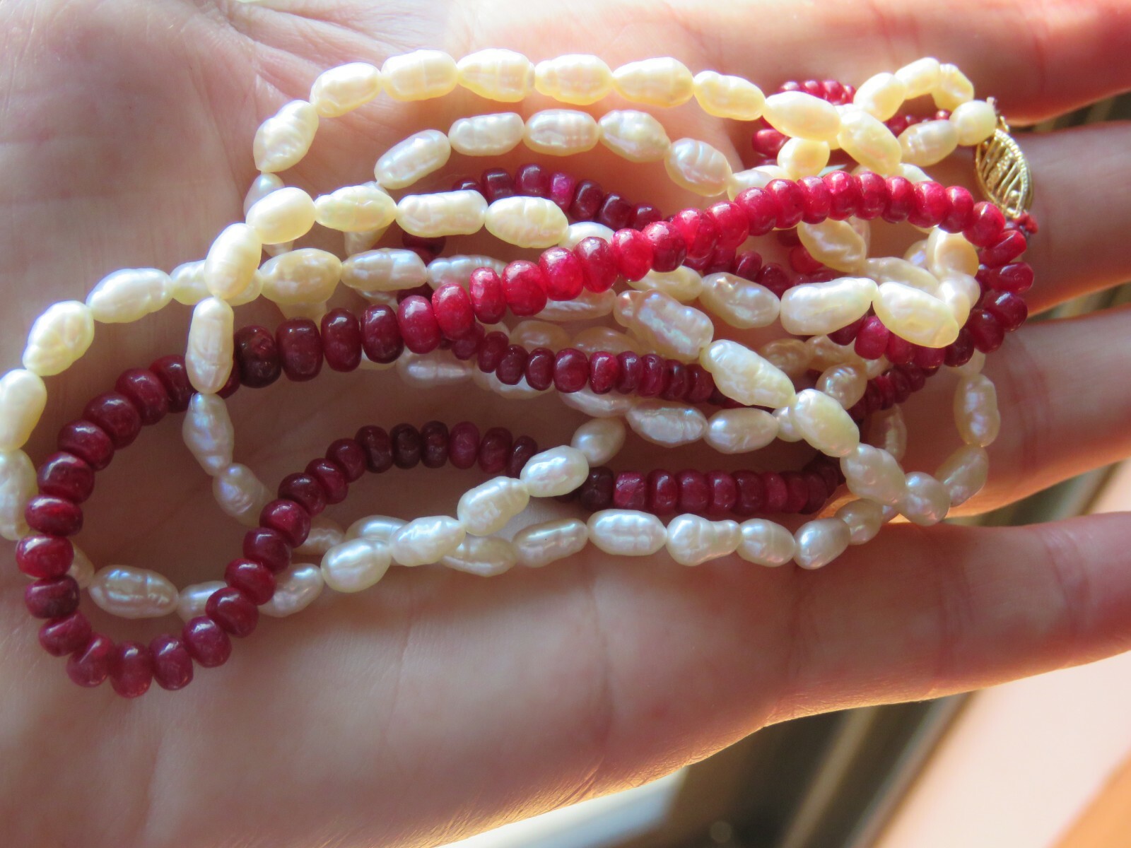 Solid 14K Yellow Gold Genuine Ruby/White Baroque … - image 4