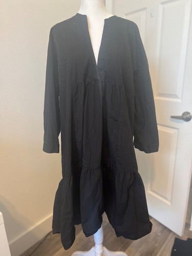 ZARA womens casual oversized black loose fitting cotton tiered dress size SMALL
