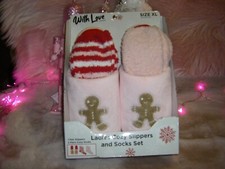 Pink Gingerbread Fuzzy Slippers Socks 3 Piece Set Women's Size Large New