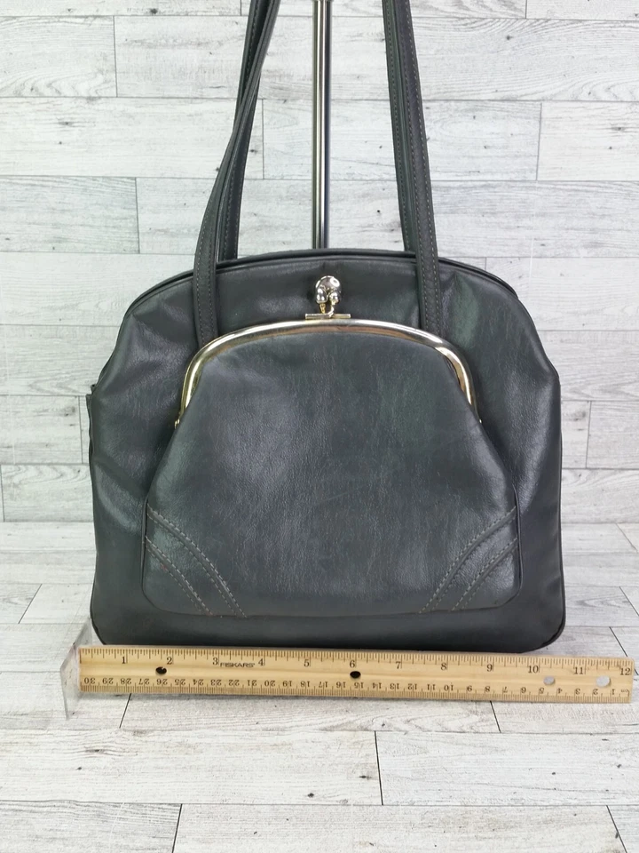Bolso de hombro vintage gris Kisslock bolso de mano charol vinilo gris años 50 cartera Foto 4 de 4