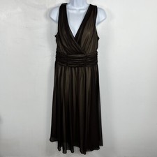 Connected Dress Sz 14 Brown Satin V Neck Sleeveless Midi Evening Occasion