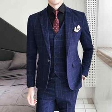 Plaid Formal Business Suit Slim Fit Wedding Groom Suit Jacket  Vest  Pants 