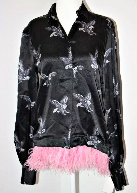 MSGM Eagle Print Feather Trim Silk Shirt Blouse US S / EU 40 Made in Italy  $680