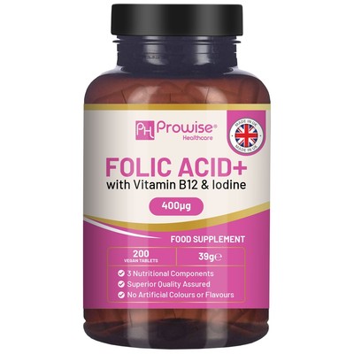 Folsäure + 400 mcg - Vegane Tabletten mit Vitamin B12 & Jod