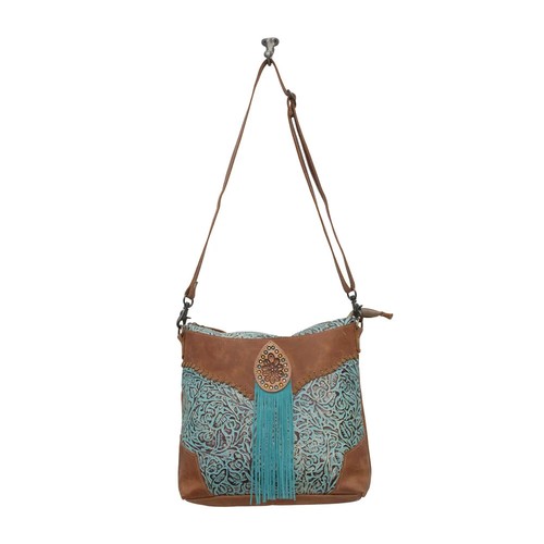 Borsa a tracolla Lochmara in pelle - pelle goffrata turchese - tasca con zip sul retro - Foto 4 di 6