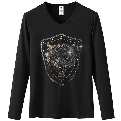 Men V-Neck T-Shirt Fashion Trend Tiger Shield Rhinestones Long Sleeve Luxury