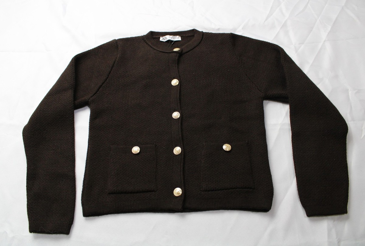 Zara Women's Golden Button 2-Pocket Knit Cardigan AP2 Brown Medium