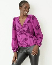 A New Day Women’s M Purple Floral Wrap Top Long Sleeve Puff V-Neck Blouse NWT