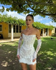 Short Sheath Full Lace Wedding Dress Long Sleeves Mini Bridal Gowns Backless