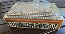 VTG Handmade Mosaic Inlay Mother Of Pearl Wood Jewelry Box Blue Lining 10x7x3"