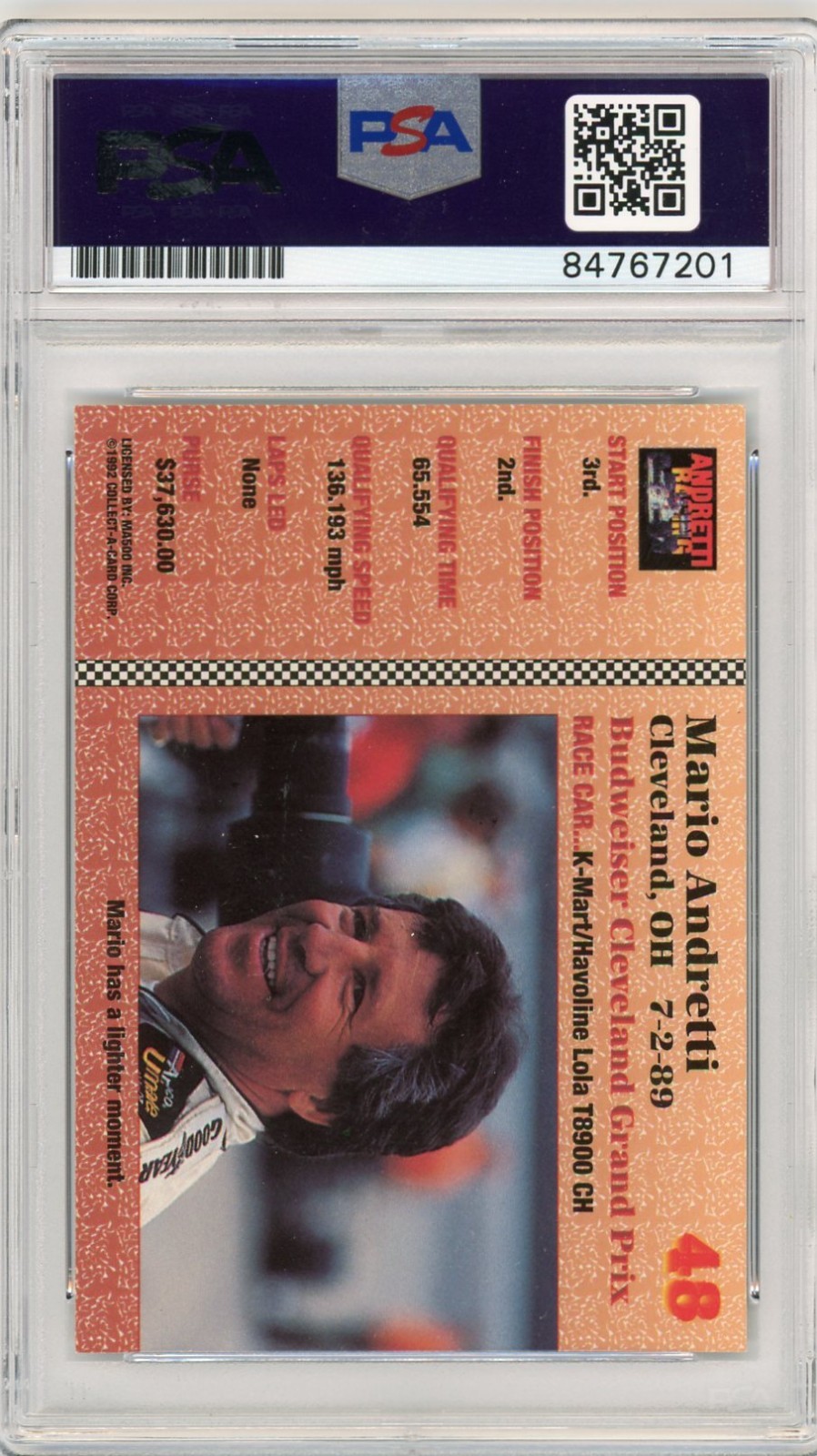 MARIO ANDRETTI 1992 Andretti Racing #48 Signed AUTO Card PSA DNA Certified F1 view 2