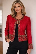 Laurence Kazar Red Vintage Beaded Silk Sequin Lined Floral Jacket Women L