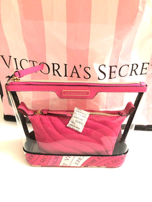 Victoria's Secret AM/PM Beauty Cosmetic Makeup Bag Duo Heritage Pink Stripe NWT
