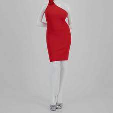 Guess Women's Red Sleeveless Rosette Trim One-Shoulder Ribbed Dress Size XL