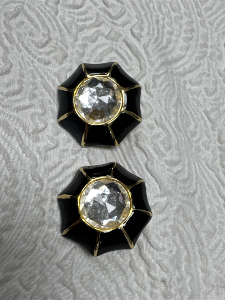 Vintage Swarovski Swan Signed BlackGold Enamel Clear Crystal Center Clip Earring - Image 2 of 4
