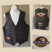 Vtg Black Leather Biker Vest Harley Davidson Patches Mens Size 40