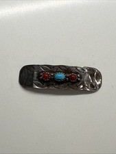 Handmade Navajo Hair Clip Barrette Silver Turquoise Coral Native Artist