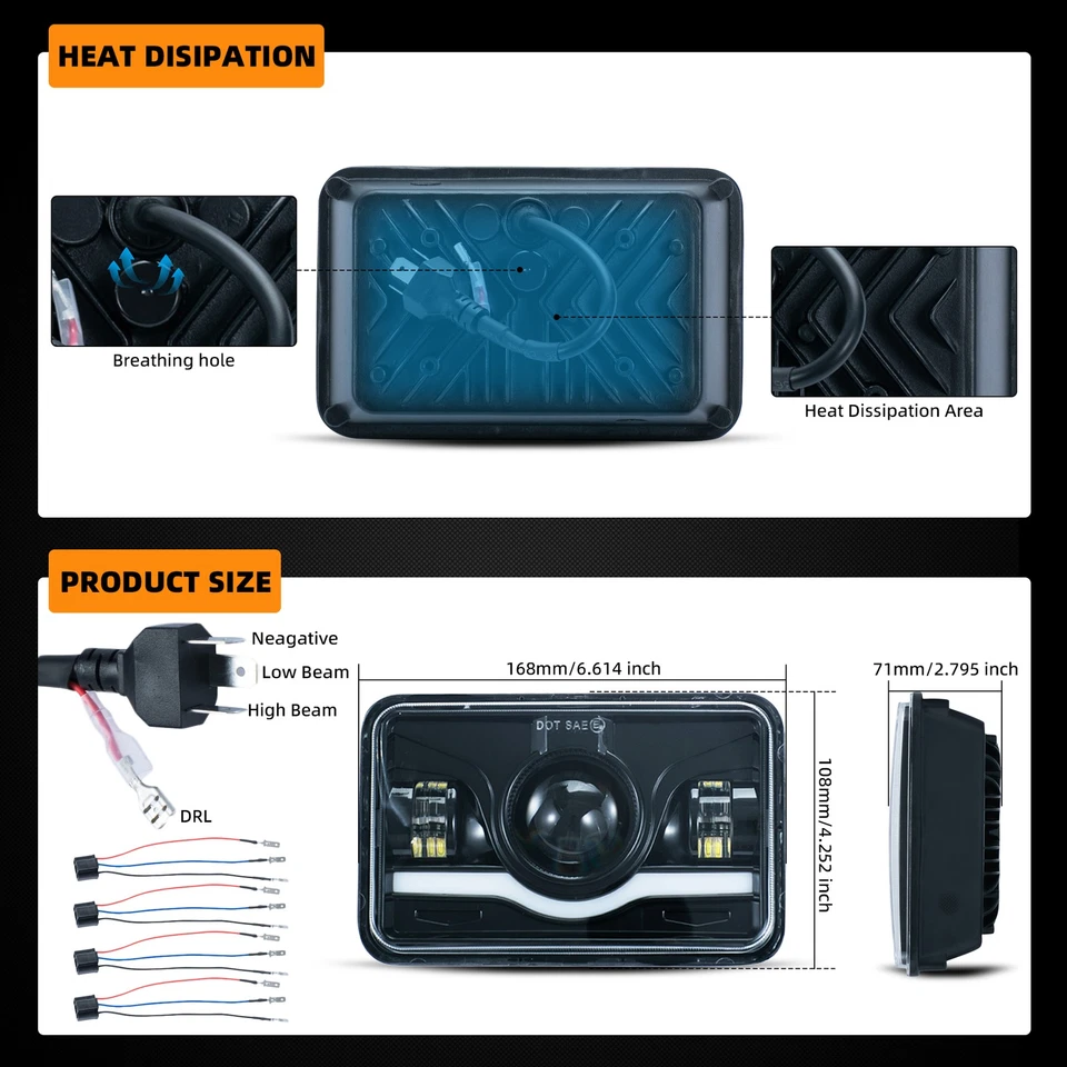 4X6" Projector Crystal Clear Lens / Metal Headlight H4 Light Bulb Headlamp Pair Foto 2 de 4