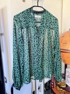 Mango MNG Bluse S 36 Grün Schwarz Leo Leopardenmuster Schorle Transparent Tunika