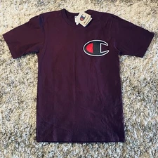 NEW VTG 90’s Champion Maroon Color BIG C Logo T-Shirt Adult Small 100% Cotton