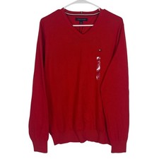 Tommy Hilfiger Sweater Mens MEDIUM Red V-Neck Cotton Knit Long Sleeve Preppy