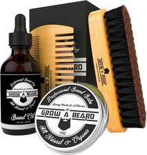 Beard Grooming Kit w/ Brush Comb Oil Balm Travel Set for Men